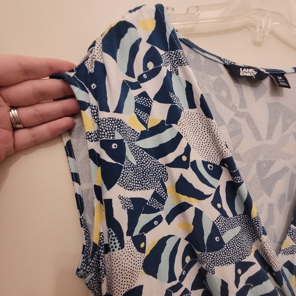 Lands End Yellow Blue Tie Front V-Neck Tropical Fish Dress Size Medium - Picture 5 of 9